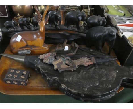 A Collection of Wooden Items to Include Souvenir North Indian Wooden Puppet, Carved African Elephants, Pair of Bellows etc 
