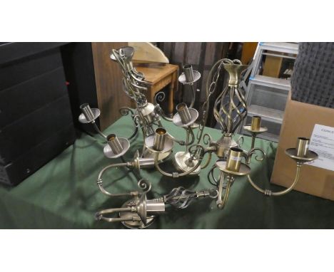 A Pair of Five Branch Modern Ceiling Chandeliers and a Matching Wall Light 