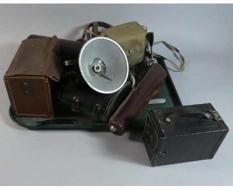 A Tray Containing Vintage Binoculars, Leather Cased Camera Tripod, Boxes Cameras etc 
