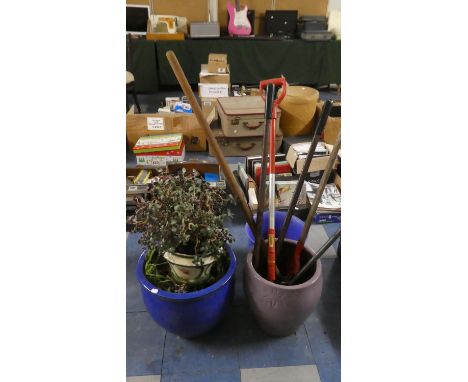 Four Glazed Patio Planters, Various Garden Tools and Ceramic Plant Pot in the Form of a Wheel 