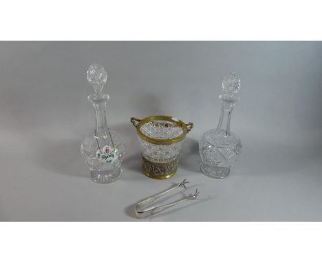 A Pair of Cut Glass Decanters One with Ceramic Sherry Label Together with a Hobnail Cut Glass and Gilt Metal Ice Bucket with 