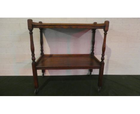 An Edwardian Oak Two Tier Trolley with Galleried Top and Stretcher Shelf, Turned Supports, 69cm Wide 