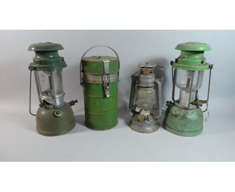 A Pair of Green Enamelled Hurricane Lamps, a Smaller Example and Cylindrical Flask 