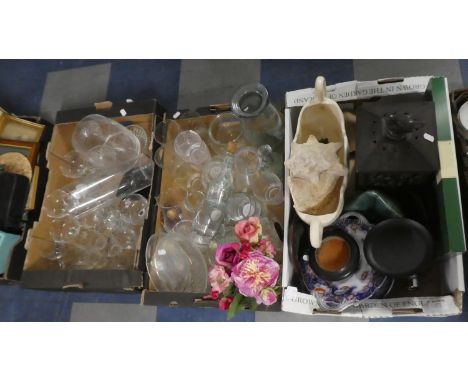 Three Boxes Containing Glassware, Ceramic Planter, Plates Etc 