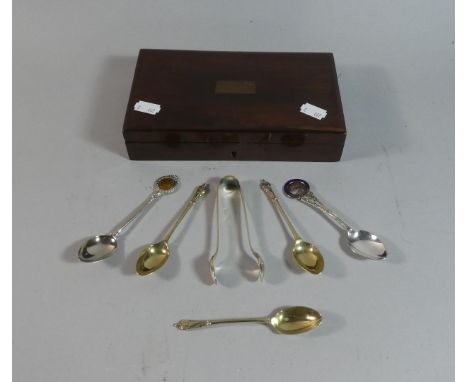 A Late 19th Century Rosewood Velvet Lined Box Containing Coronation and Other Teaspoons and Plated Sugar Bow, 20.5cm wide 