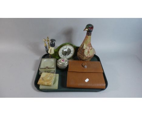 A Tray of Sundries to Include Novelty Pheasant Decanter, Westclox Mantle Clock, Shaving Stand, Ashtrays, Travel Case etc 