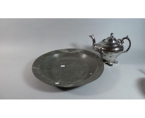 A Large 19th Century Pewter Charger, 41.5cm Diameter Together with a Silver Lustre Ceramic Teapot 