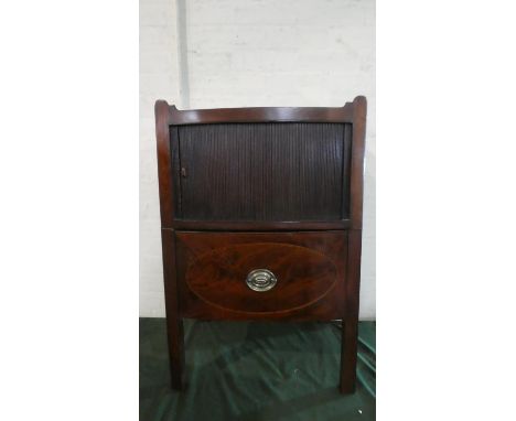 A Mid 19th Century Bow Fronted Mahogany Gentleman's Washstand with Galleried Top, Two Pierced Carrying Handles, Tambour Door 