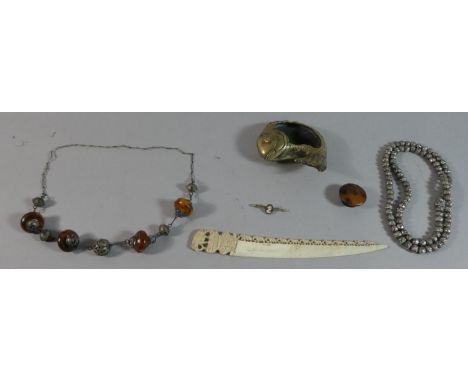 A Collection of Curios to Include Bone Letter Opener, Brass Fish Bowl, Metal Beads etc 