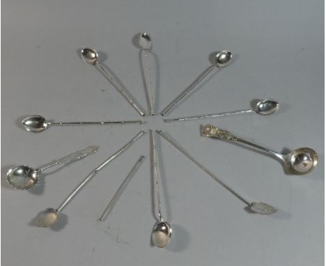 A Set of Six Oriental Sterling Silver Cocktail Spoons with Straw Stems, Two Similar Examples Together with Silver Plated Ladl