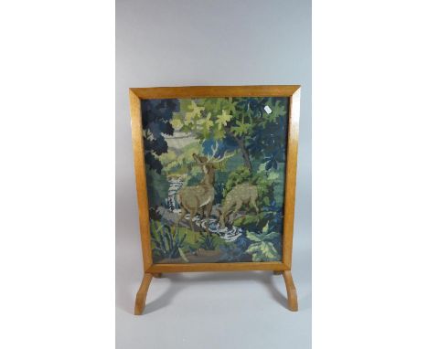 A Mid 20th Century Oak Framed Fire Screen Depicting Stag in River, 50.5cm Wide 