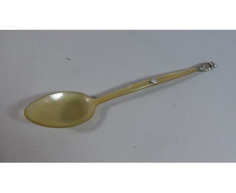 A Silver Mounted Horn Spoon, the Novelty Finial as a Working Whistle, 23cm Long 