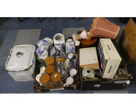 Two Boxes of Ceramics and Glassware, Table Lamp, Enamelled Bread Bin, Light Shade etc 