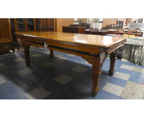 An Edwardian Oak Snooker/Dining Table with Five Leaves, Lift and Lock Brass Mechanism, Playing Size 7ft x 3.6ft. Complete wit