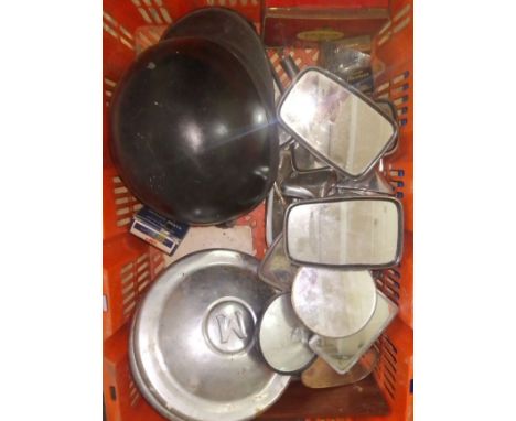 A box of mainly vintage/classic vehicles mirrors, also including a motorcycle helmet and some hub caps.  