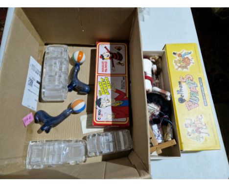 A box of assorted toys comprising a boxed Pelham puppet, a Corgi bash street kids morris van &amp; AEC bus, 3 glass model car