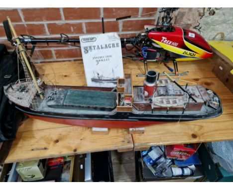 A Calder Craft hand-built radio controlled model boat S.S. Talacre with stand &amp; instruction booklet, 85cm.  