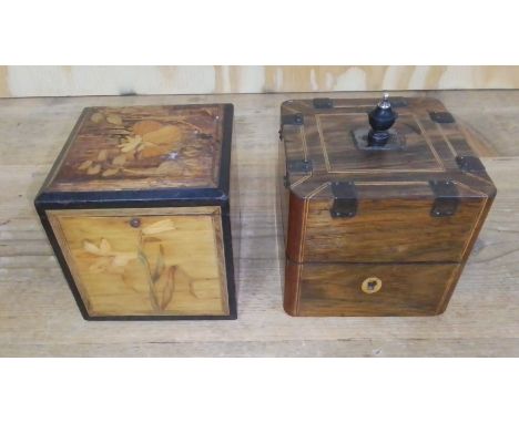 A French marquetry inlaid tea caddy and continental inlaid rosewood casket, 19th century.  