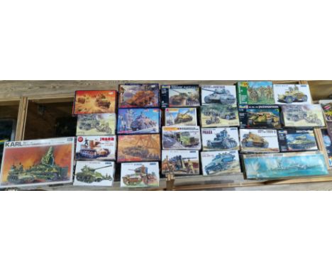 A box of approx. 24 assorted unused mainly tank model kits to include Matchbox, Revell, Hasegawa, Fujimi &amp; Roden etc.  