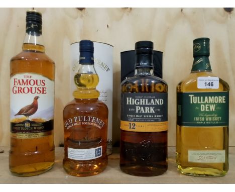 Four bottles of whisky; Highland Park 12 year old single malt Scotch whisky 70cl, Old Pulteney 12 year old single malt 70cl, 