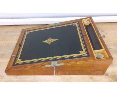 A burr walnut writing slope, length 38.5cm.Condition:- General wear through age and use, one inkwell pot has damage & reapair