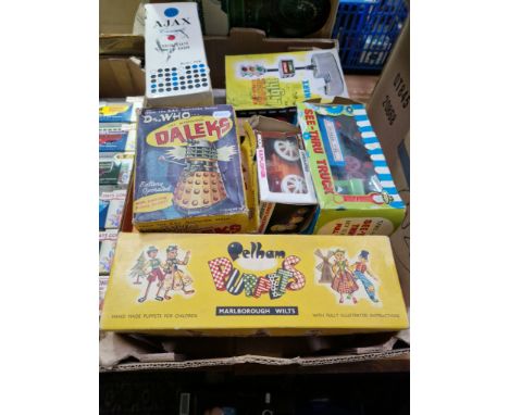 Various vintage toys, models and games including Computacar, Dalek,Marlborough wilts Pelham puppet, traffic light, eagle indy