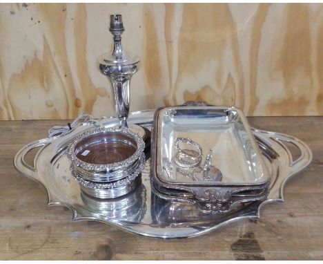 Assorted silver plate comprising a tray by Walker and Hall, a pair of coasters, a pair of entree dishes and a table lamp.  