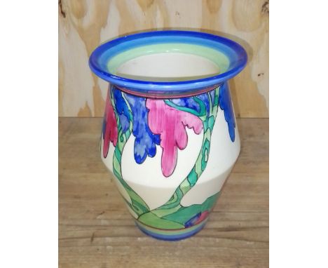 A Clarice Cliff Fantasque Bizarre vase decorated in Rudyard pattern, height 20cm. Condition:- Chip to foot rim, small dot of 