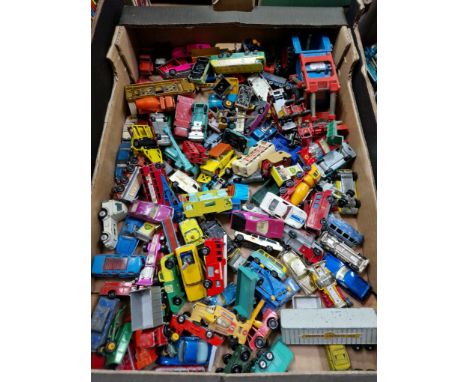 A box of assorted diecast model vehichles to include Matchbox, Lesney, Huskey, hot wheels, Tri-ang etc.  