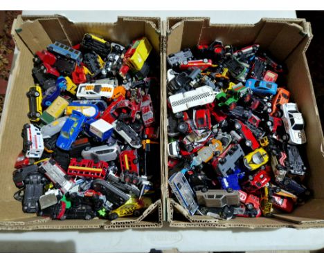 Two boxes of die cast model vehicles, Corgi, Matchbox, etc, 200 in total.  