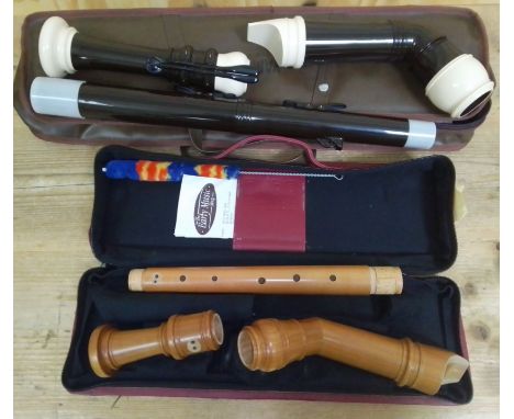 A Yamaha plastic bass recorder and a Coolsma wooden tenor recorder.