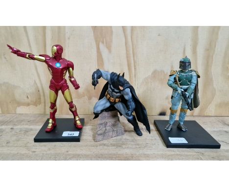 Three model figures comprising Iron man, Bobba Fett &amp; Batman.  