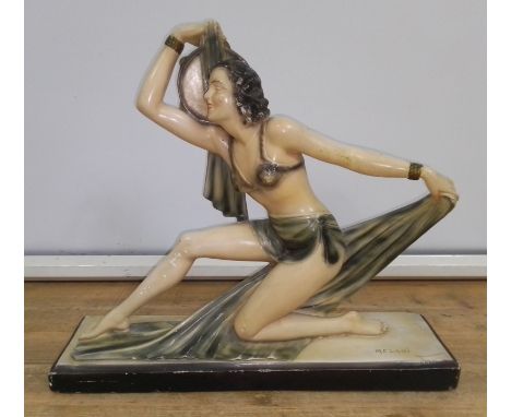 A large Art Deco plaster model depicting a semi-nude female dancer, after Salvatore Melani, bearing signature, length 61.5cm.