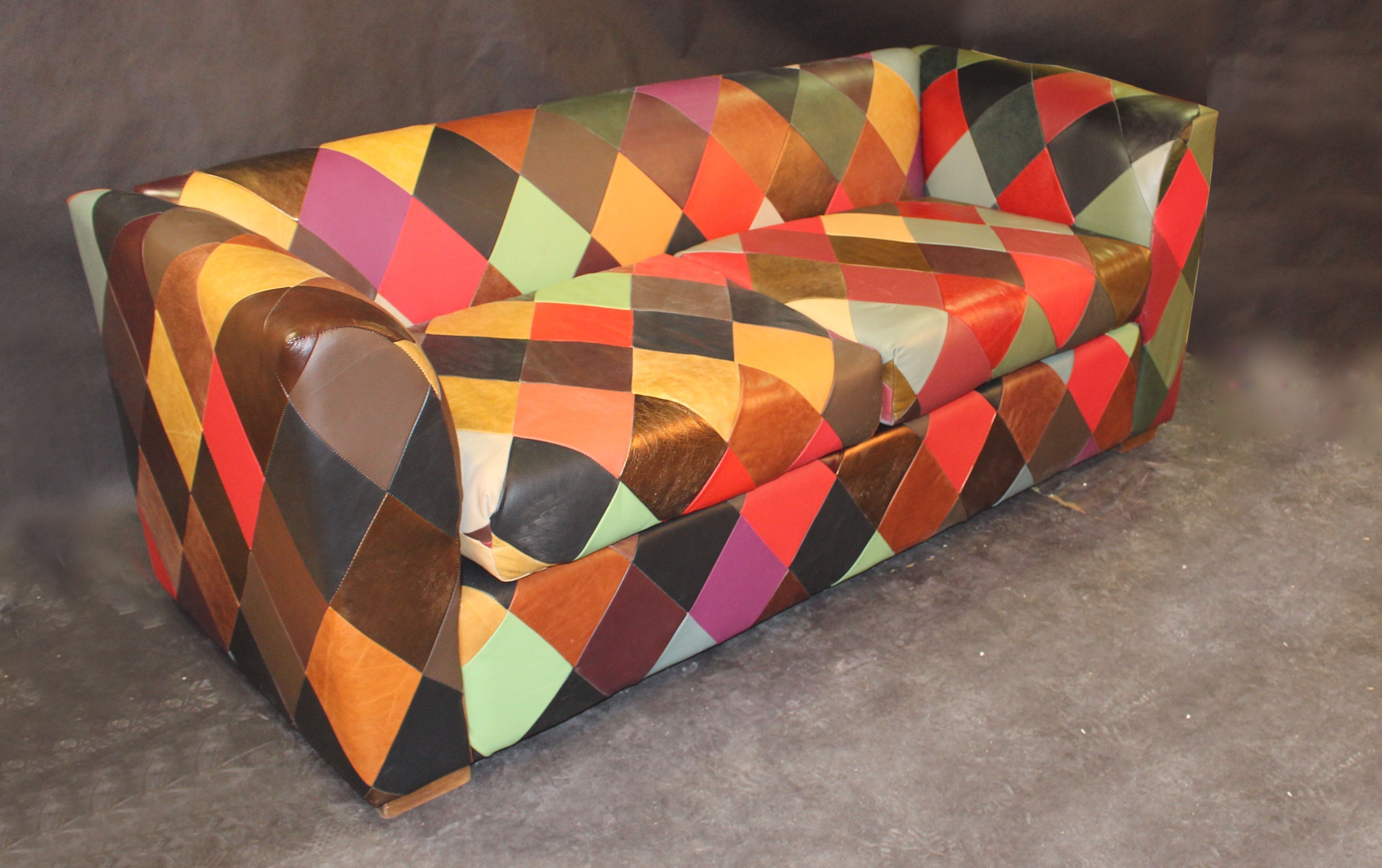 patchwork leather three seater sofa