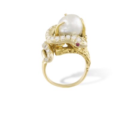 A DIAMOND, PEARL, RUBY AND EMERALD COCKTAIL RING, CIRCA 1960 The baroque pearl trapped within three talons of a dragon's claw