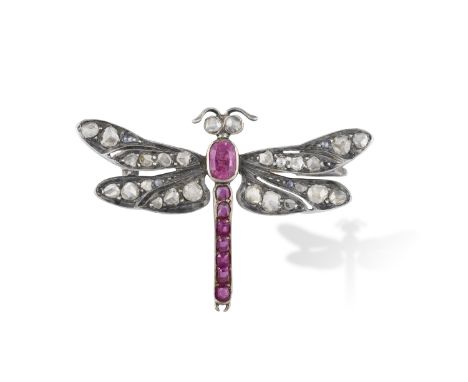 A 19TH CENTURY GEM-SET BROOCH, CIRCA 1880 Designed as a dragonfly, the closed-back rose-cut diamond wings to open-back cushio