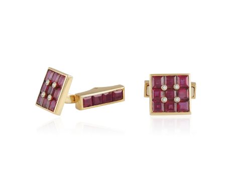 AN ELEGANT PAIR OF RUBY AND DIAMOND CUFFLINKS, BY CHAUMET, CIRCA 1925 Single-sided, each square plaque set with calibré-cut r