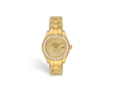 AN 18K GOLD AND DIAMOND-SET PEARLMASTER CALENDAR BRACELET WATCH, BY ROLEX 29-jewel Cal. 2135 automatic movement, the circular