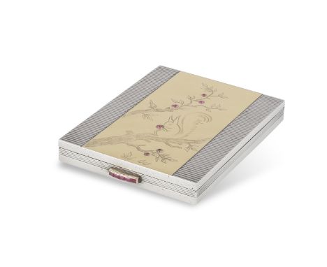 A SILVER, GOLD AND RUBY CIGARETTE CASE, CIRCA 1935 The rectangular reeded case, with a gold polished plaque with squirrel and