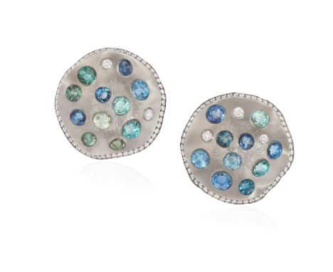 A PAIR OF TOURMALINE, DIAMOND AND TITANIUM EARRINGS, BY MARGHERITA BURGENER Each titanium plaque set throughout with circular