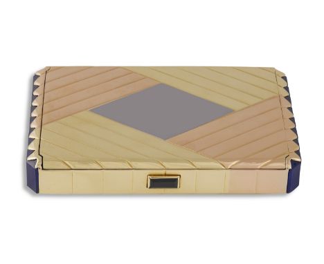 A RARE SAPPHIRE AND GOLD COMPACT, BY CHARLES HOLL, CIRCA 1945 The rectangular case composed of a geometric abstract pattern o