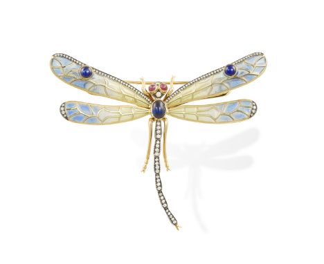 AN ENAMEL, RUBY, SAPPHIRE AND DIAMOND BROOCH Modelled as a stylised dragonfly, the plique-à-jour wings accented by round-shap