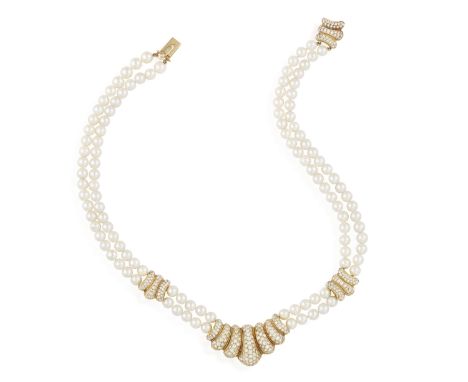 A CULTURED PEARL AND DIAMOND NECKLACE Composed of two rows of cultured pearls of cream tint, the frontispiece embellished by 