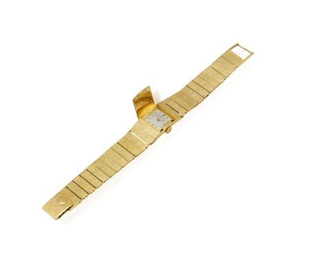 AN 18K GOLD MANUAL WIND WATCH, BY PATEK PHILIPPE, CIRCA 1970 18-jewel manual wind watch, the square silver dial with baton ho