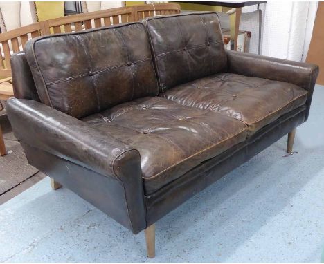 SOFA, two seater, in soft brown buttoned and square stitched leather, 150cm x 83cm H x 83cm.