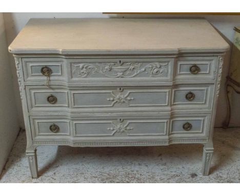 COMMODE, early 20th century French and later grey painted with three decorated breakfront drawers, 79cm H x 106cm x 56cm. (so