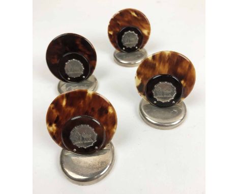 SILVER AND TORTOISESHELL PLACE SETTING CARD HOLDERS, marked London 1914, with armorial button. (4)