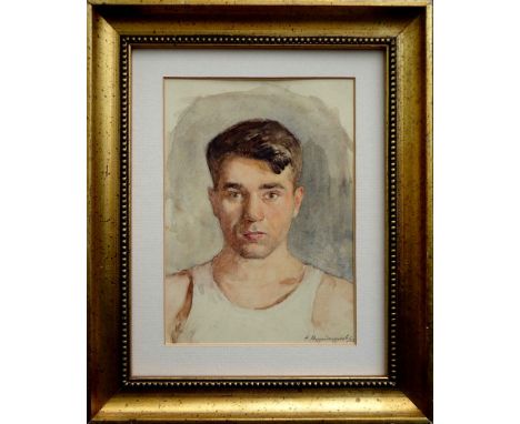 ARKADI MARTIROSOV (1927-2014) 'Portrait of a Young Gymnast', 1950, watercolour on paper, 18cm x 13cm, framed.           