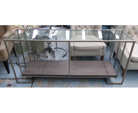 ANDREW MARTIN CONSOLE TABLE, rectangular glass top on metal frame with lower wooden tier, 180cm L x 46cm x 81cm H.