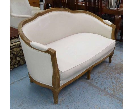 SOFA, French style with beige upholstery on short cabriole supports, 155cm L x 90cm H. 